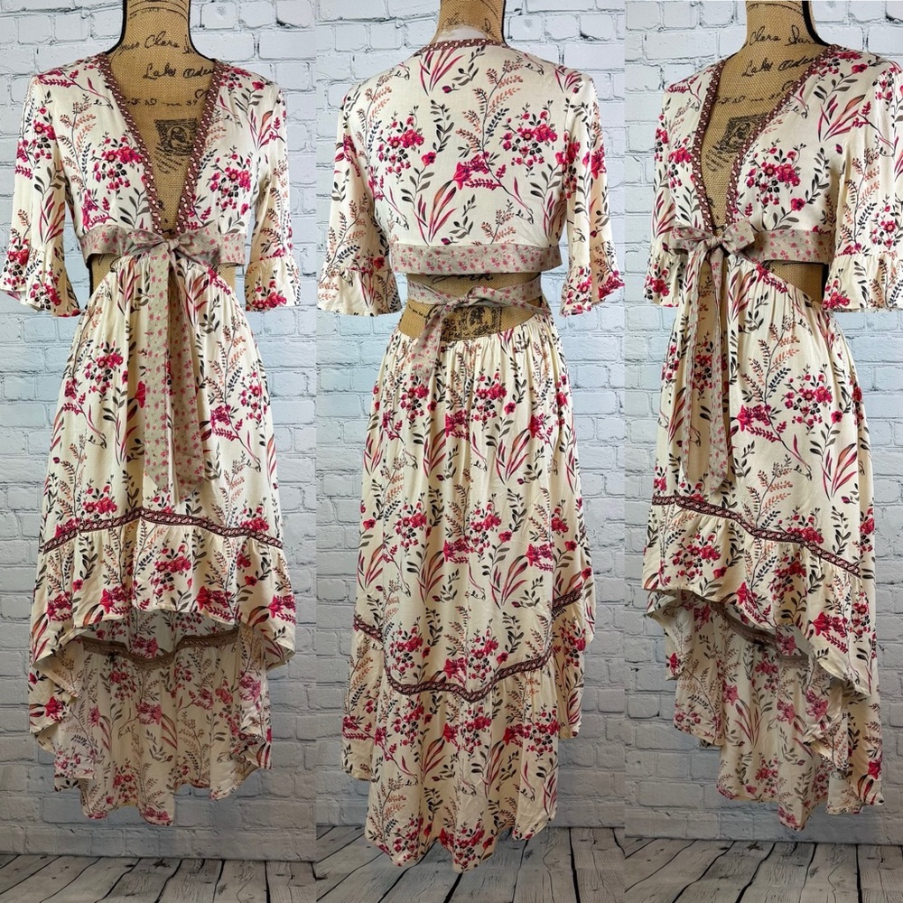 Ethan n Joy Floral High-Low Open Midrift Tie Front Dress